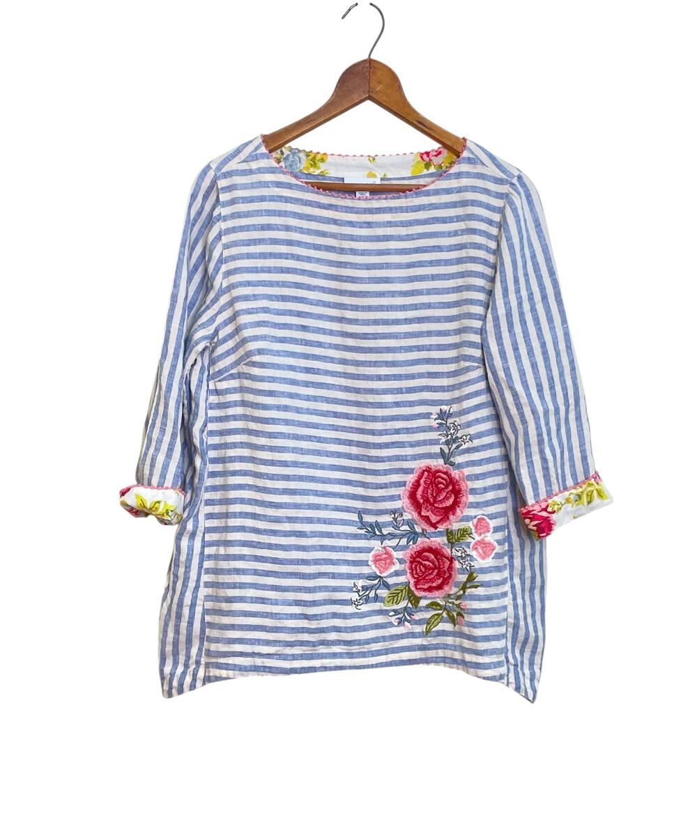 J. Jill Love Linen Blue & White Stripe Pink Floral Embroidery Tunic Shirt Size S